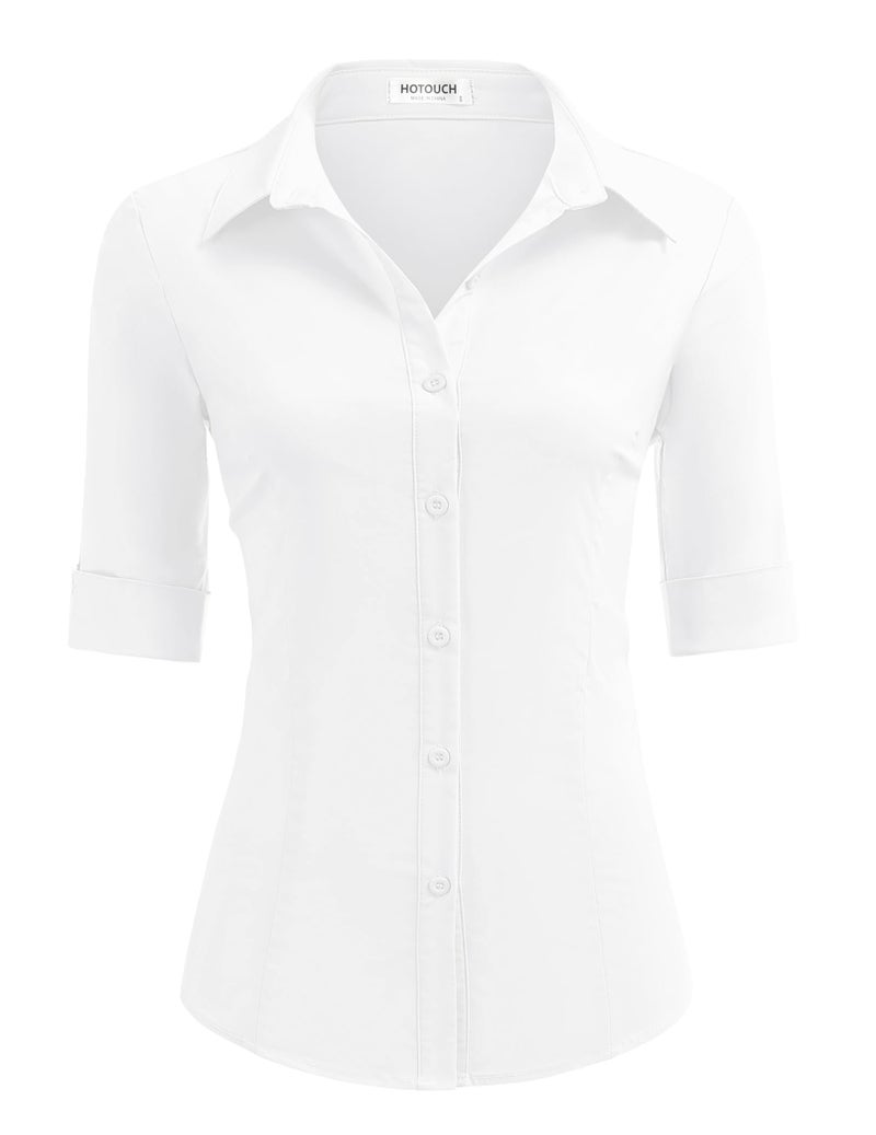 HOTOUCH White Button Down Shirt Women Stretch Button Up Shirts 3/4 Sleeve Dress Shirt for Waitress (White L) - Image 1