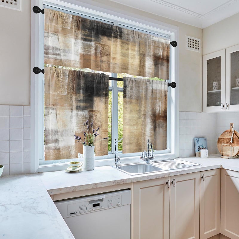 Tayney Brown Kitchen Window Curtains Valance and Tier Set 36 Inch, Grey Beige Modern Rod Pocket Short Tier Curtain, Abstract Art Small Cafe Drapes for Kitchen Decor - Image 5