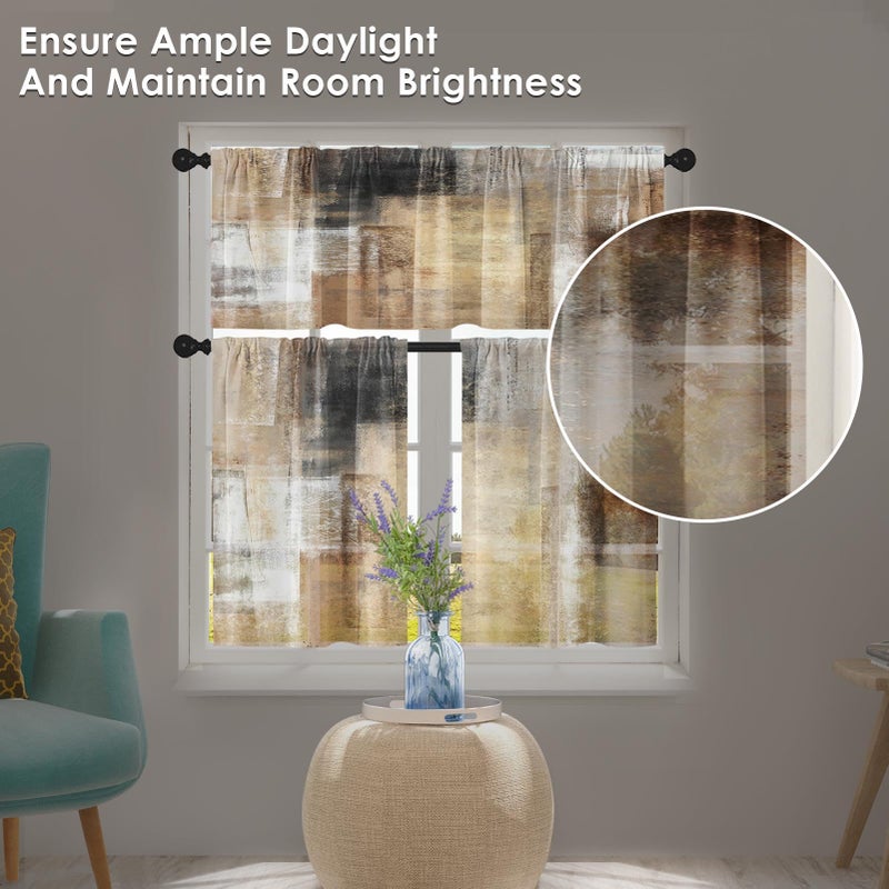 Tayney Brown Kitchen Window Curtains Valance and Tier Set 36 Inch, Grey Beige Modern Rod Pocket Short Tier Curtain, Abstract Art Small Cafe Drapes for Kitchen Decor - Image 4