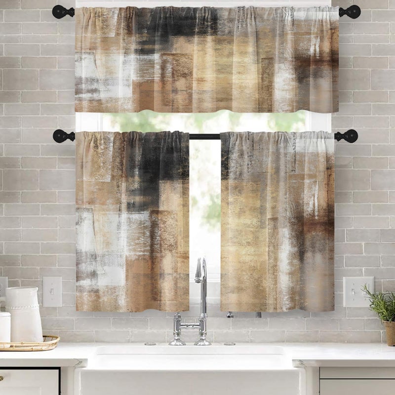 Tayney Brown Kitchen Window Curtains Valance and Tier Set 36 Inch, Grey Beige Modern Rod Pocket Short Tier Curtain, Abstract Art Small Cafe Drapes for Kitchen Decor - Image 1