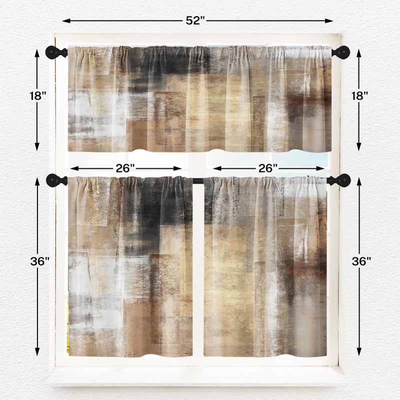 Tayney Brown Kitchen Window Curtains Valance and Tier Set 36 Inch, Grey Beige Modern Rod Pocket Short Tier Curtain, Abstract Art Small Cafe Drapes for Kitchen Decor - Image 3