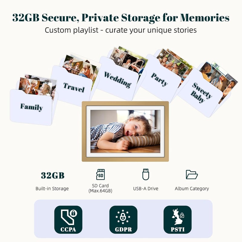 Frameo Digital Picture Frame WiFi Sunset Gold Frame 10.1 Inch Picture Frame with 1280x800 HD IPS Touchscreen, Built-in 32GB, Send Photo Video via Frameo App/USB/SD, Gifts for Women Men - Image 4