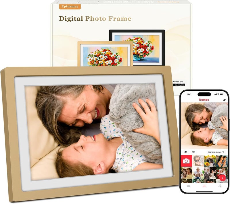 Frameo Digital Picture Frame WiFi Sunset Gold Frame 10.1 Inch Picture Frame with 1280x800 HD IPS Touchscreen, Built-in 32GB, Send Photo Video via Frameo App/USB/SD, Gifts for Women Men - Image 1