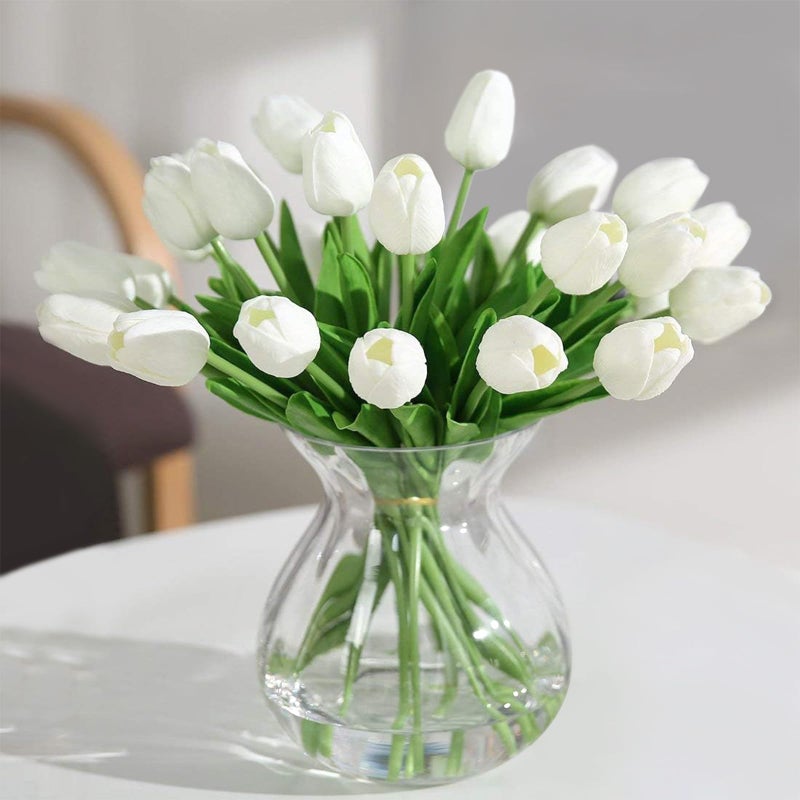Tulips Artificial Flowers 20 Pcs White Fake Tulip Stems Real Touch PU Tulips for Easter Spring Wedding Bouquet Home Centerpiece Floral Arrangement Table Dcor