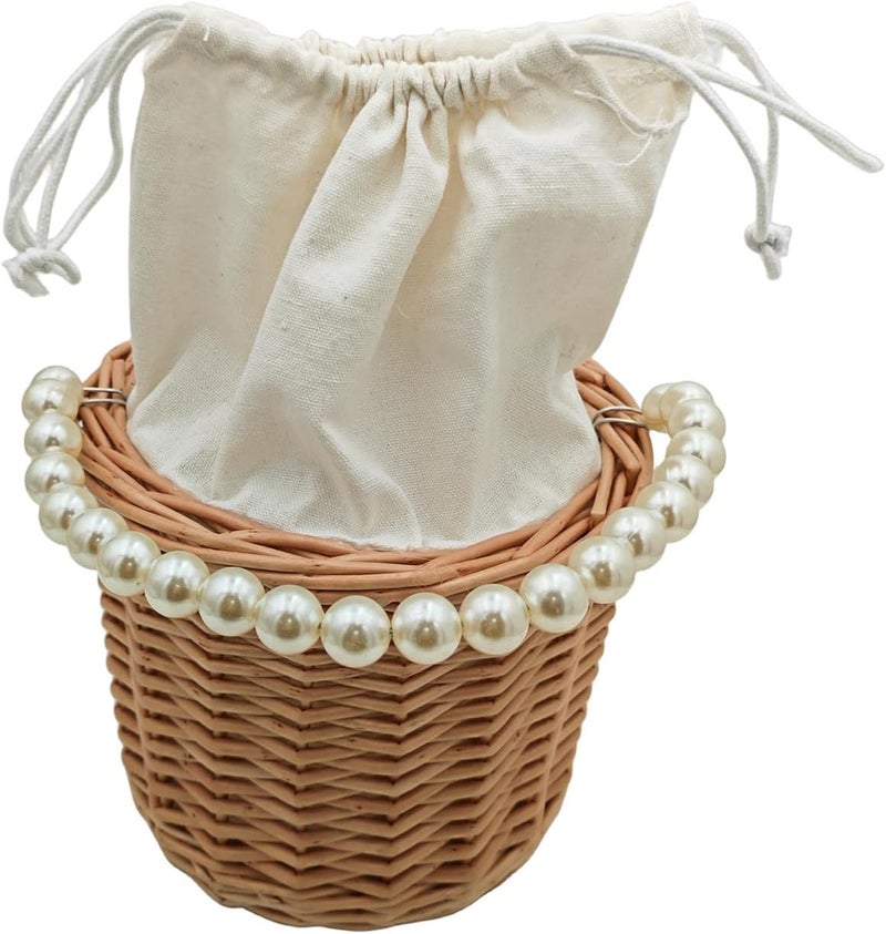 Yuudar Rustic Wicker Rattan Wedding Flower Girl Baskets,Woven Rattan Storage Basket with Pearl Handles,Woven Eggs Candy Basket for Wedding Home Garden Decor (B- 2PCS) - Image 2