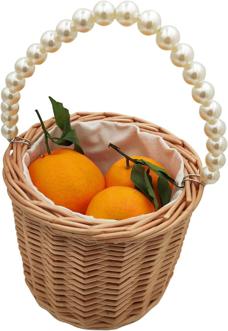 Yuudar Rustic Wicker Rattan Wedding Flower Girl Baskets,Woven Rattan Storage Basket with Pearl Handles,Woven Eggs Candy Basket for Wedding Home Garden Decor (B- 2PCS) - Image 4