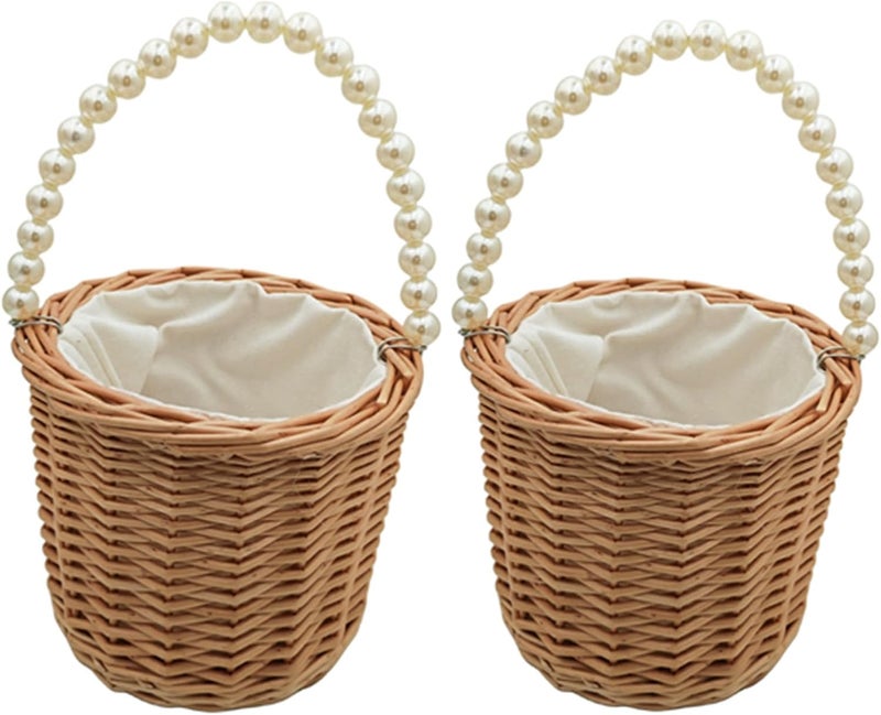 Yuudar Rustic Wicker Rattan Wedding Flower Girl Baskets,Woven Rattan Storage Basket with Pearl Handles,Woven Eggs Candy Basket for Wedding Home Garden Decor (B- 2PCS) - Image 1