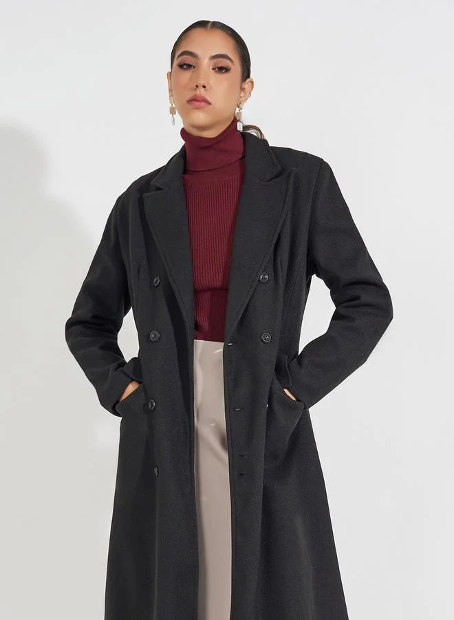Styli Regular Fit Maxi Wool Like Double Breasted Coat