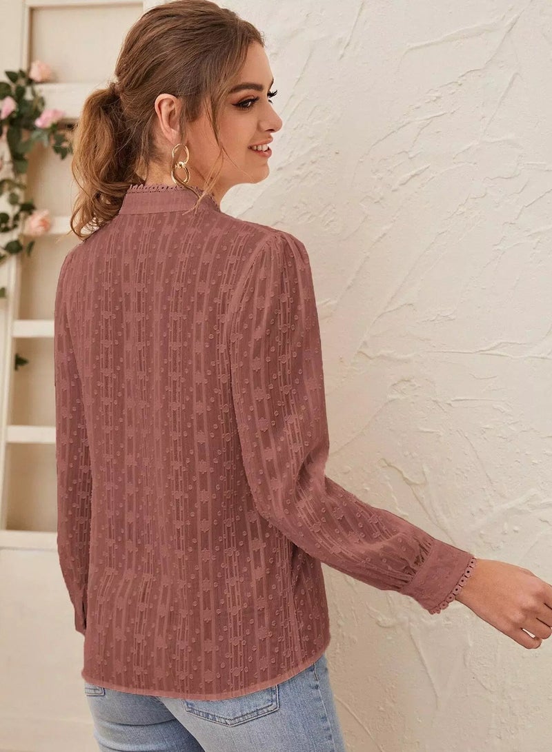 Guipure Lace Trim Button Up Sheer Blouse  - Image 2