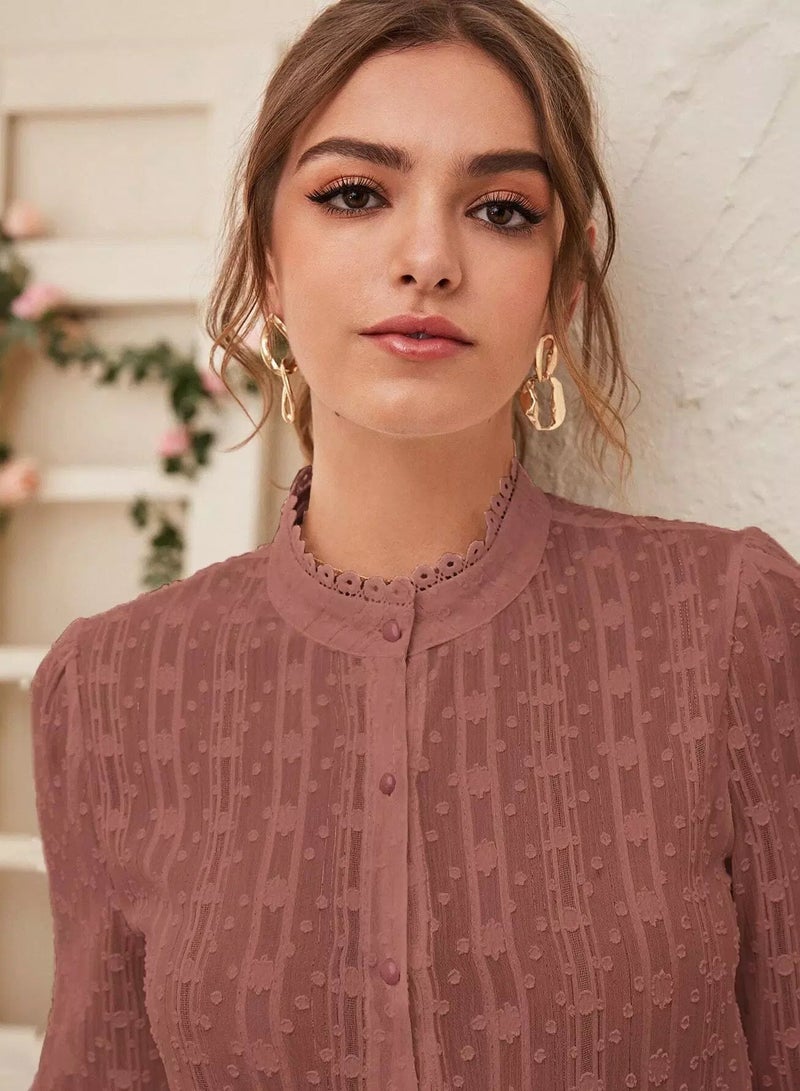 Guipure Lace Trim Button Up Sheer Blouse  - Image 3