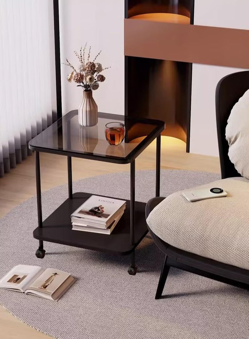 والالا طاولة جانبية معدنية صناعية حديثة ذات سطح زجاجي مع عجلات، طاولة جانبية رفيعة ضيقة بإطار قوي، طاولة زاوية صغيرة الحجم لغرفة المعيشة وغرفة النوم والمكتب، سهلة التجميع - Image 1