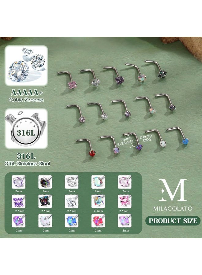 Milacolato Hypoallergenic Nose Rings 15Pcs 18G 20G Surgical Stainless Steel Nose Rings Studs L Shaped Screw Studs Rings Cubic Zirconia Nose Ring Labret Lip Nose Piercing Jewelry for Women Men - Image 4