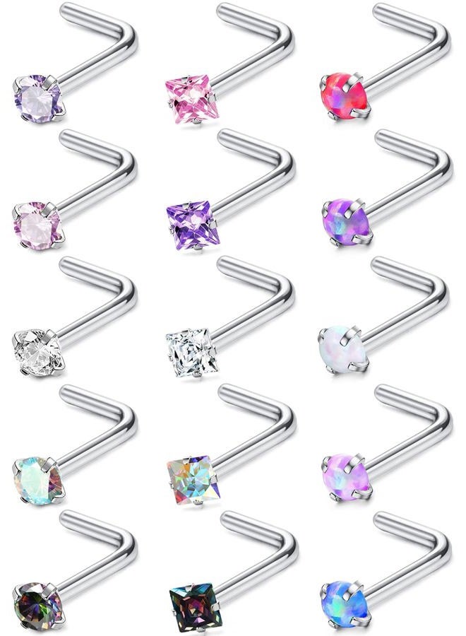 Milacolato Hypoallergenic Nose Rings 15Pcs 18G 20G Surgical Stainless Steel Nose Rings Studs L Shaped Screw Studs Rings Cubic Zirconia Nose Ring Labret Lip Nose Piercing Jewelry for Women Men - Image 1