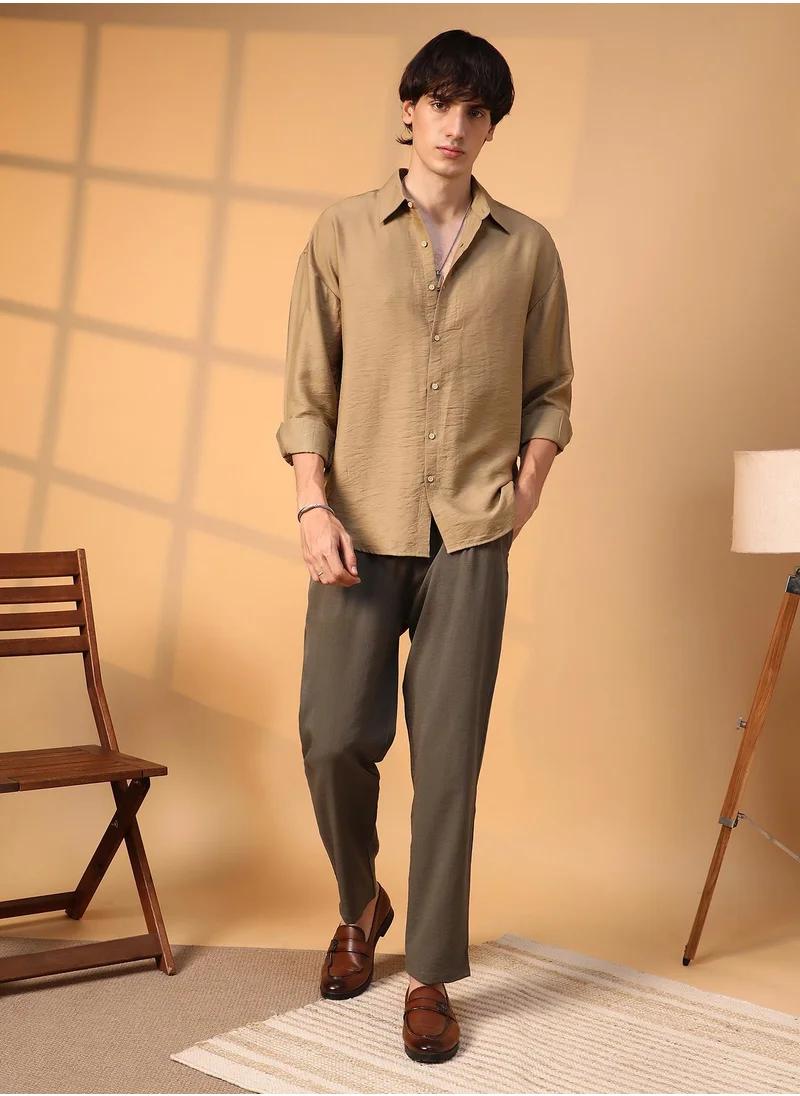 Campus Sutra Men's Camel Beige Breezy Wrinked Shirt