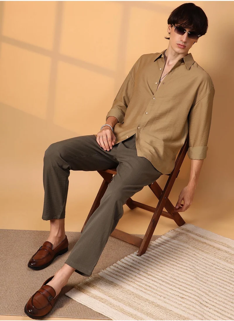Campus Sutra Men's Camel Beige Breezy Wrinked Shirt