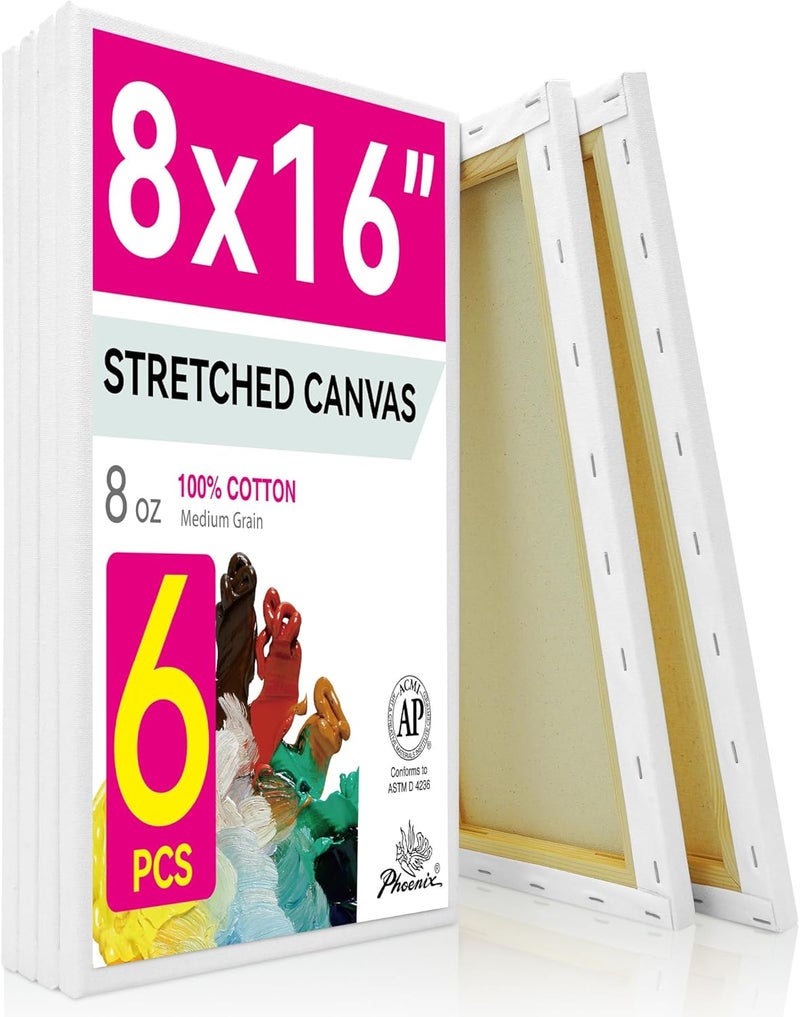 Phoenix Long Stretched Canvas for Painting 8x16 Inch/6 Value Pack, 8 Oz Triple Primed 5/8 Inch Profile 100% Cotton White Blank Canvas, Rectangular Framed Canvas for Oil Acrylic & Pouring Art - Image 1
