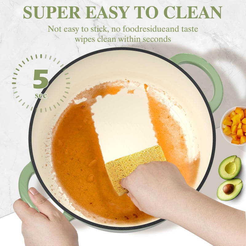 Umite Chef Enameled Cast Iron Dutch Oven-7QT Pot with Lid Cookbook & Cotton, Heavy-Duty Cookware for for Bread Baking, Braising, Stews, Marinate, Cook(Sage Green) - Image 5