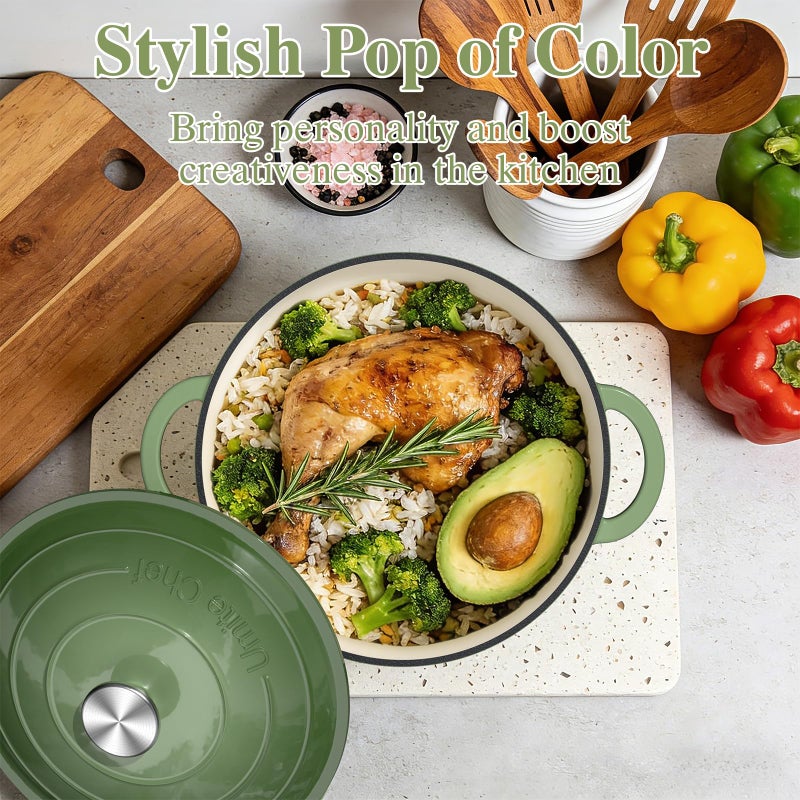 Umite Chef Enameled Cast Iron Dutch Oven-7QT Pot with Lid Cookbook & Cotton, Heavy-Duty Cookware for for Bread Baking, Braising, Stews, Marinate, Cook(Sage Green) - Image 4