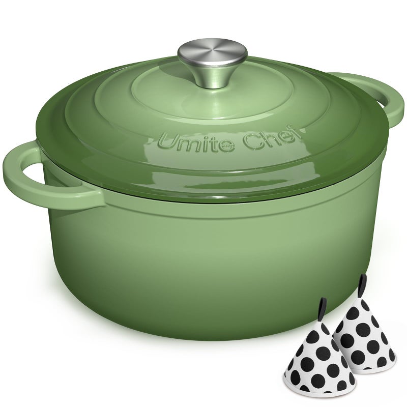 Umite Chef Enameled Cast Iron Dutch Oven-7QT Pot with Lid Cookbook & Cotton, Heavy-Duty Cookware for for Bread Baking, Braising, Stews, Marinate, Cook(Sage Green) - Image 1