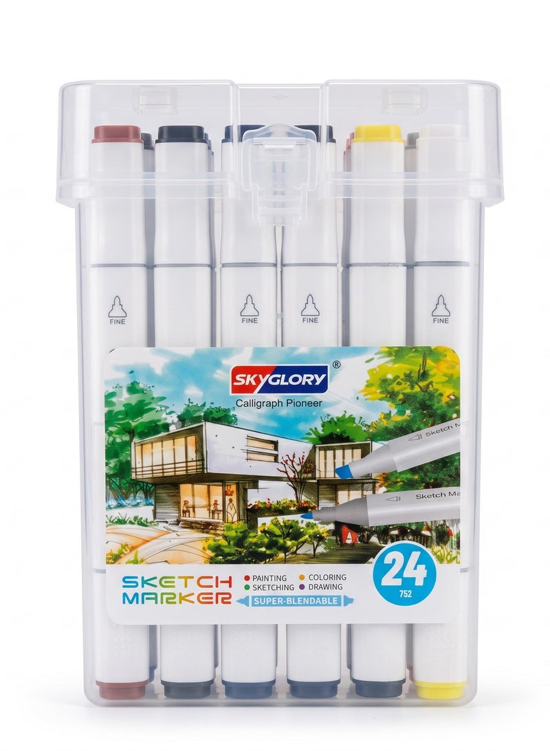 Sky Glory SKYGLORY Calligraph Pioneer Dual Tip Sketch Marker Set With Clear Storage Case Multicolour 24 Pieces HA-844 - Image 1