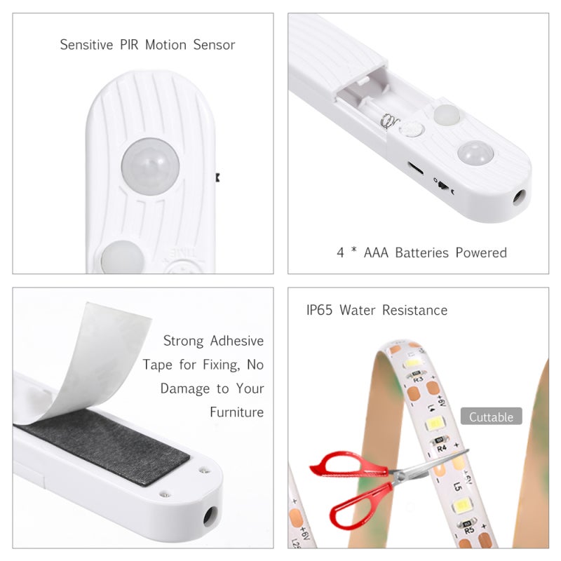 LED Strip: White, 3-5M Induction Distance, Flexible Working Modes - Timer Customization, Motion Sensor for Wardrobe Lighting, USB/Battery Powered, Flicker-Free Anti-Glare - Image 4