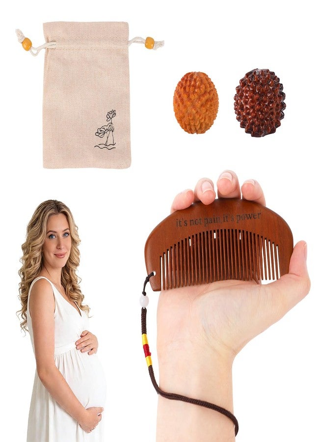 PEUTIER Wooden Labor Comb with 2pcs Acupressure Balls Set, Natural Birthing Comb with Acupressure Balls & Cloth Bag Pregnancy Gift accessory and Delivery Essentials for Woman - Image 1
