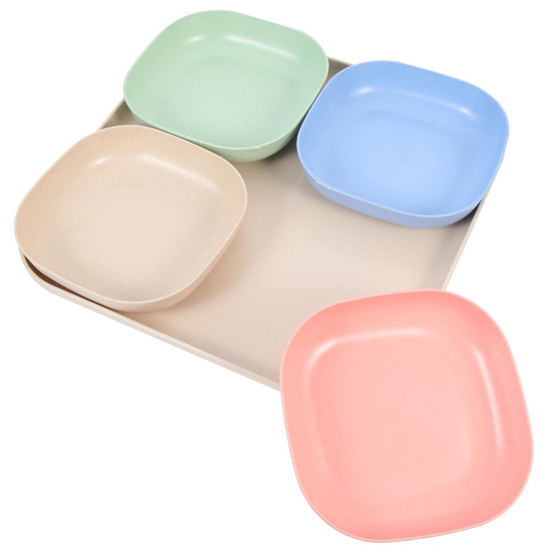 مجموعة أطباق وجبات خفيفة غير قابلة للكسر مع صينية بلون مختلط وقاعدة بيج للمطبخ وغرفة المعيشة - Image 2