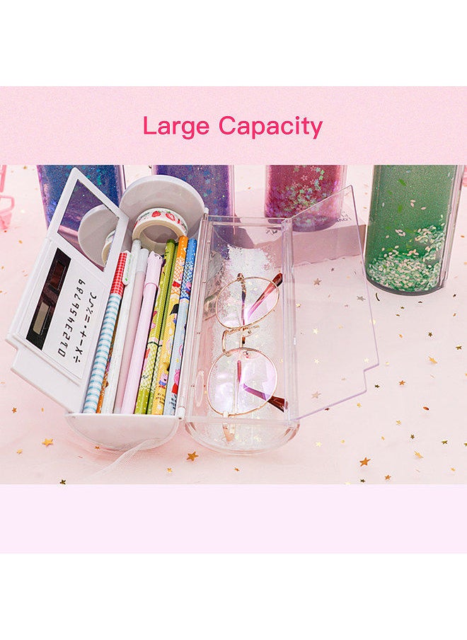 Generic - Pencil Cases Multifunctional Standing Quicksand Pencil Case Organizer Double Layer Cylindrical Cute Pen Bag Holder with Mirror Erasable Notepad Calculator Large Capacity Storage Stationery Box - Image 1