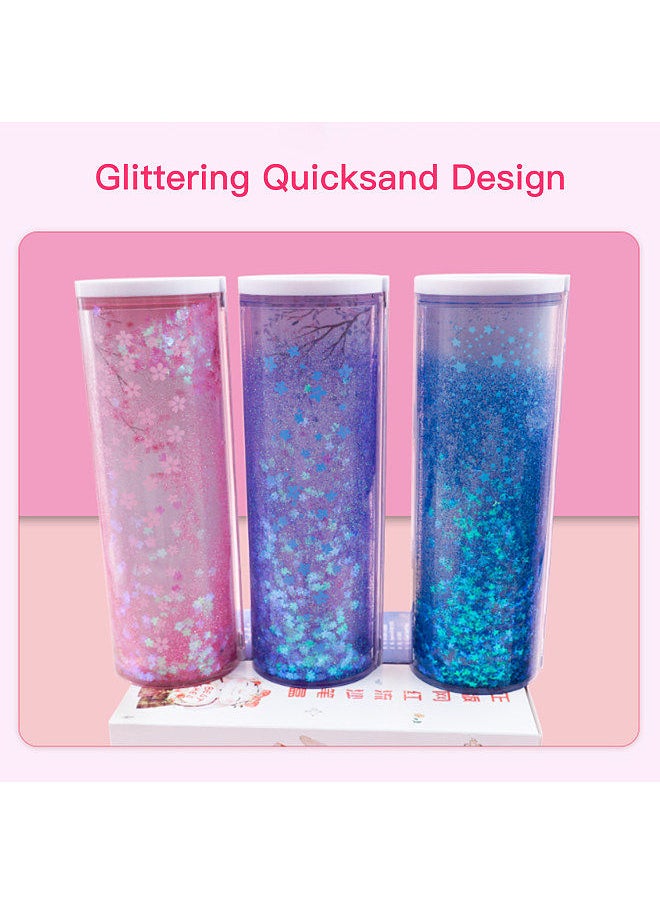 Generic - Pencil Cases Multifunctional Standing Quicksand Pencil Case Organizer Double Layer Cylindrical Cute Pen Bag Holder with Mirror Erasable Notepad Calculator Large Capacity Storage Stationery Box - Image 1