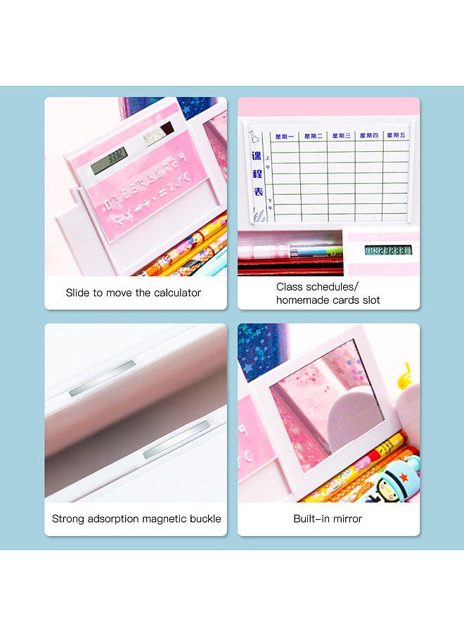 Generic - Pencil Cases Multifunctional Standing Quicksand Pencil Case Organizer Double Layer Cylindrical Cute Pen Bag Holder with Mirror Erasable Notepad Calculator Large Capacity Storage Stationery Box - Image 1