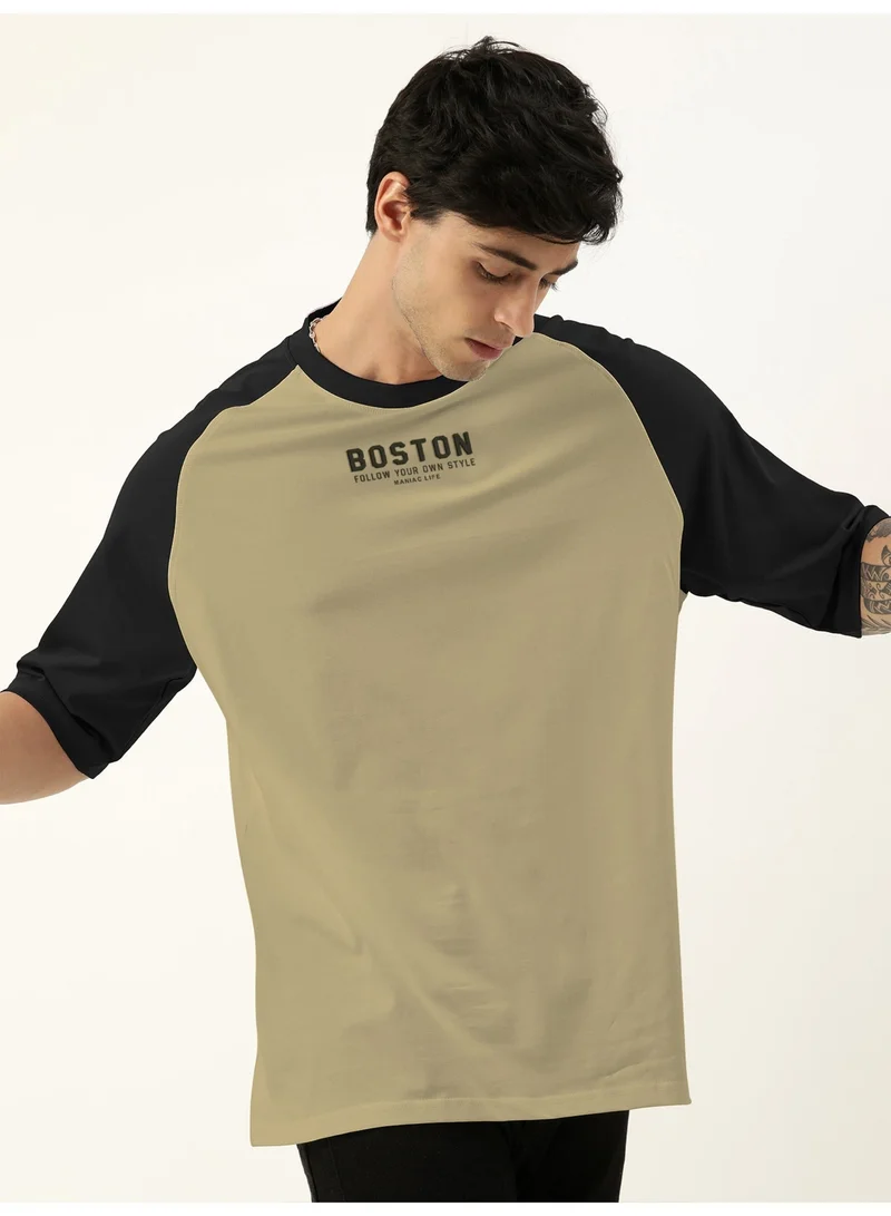 Maniac Maniac Mens Printed Round Neck raglan Half Sleeve Pista and Black Cotton Oversized Tshirt