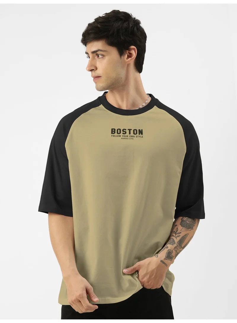 Maniac Maniac Mens Printed Round Neck raglan Half Sleeve Pista and Black Cotton Oversized Tshirt