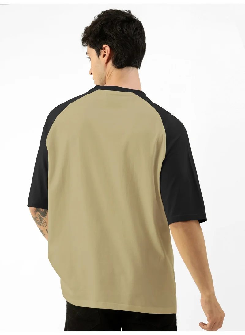 Maniac  Maniac Mens Printed Round Neck raglan Half Sleeve Pista and Black Cotton Oversized Tshirt for Men | Best Price UAE