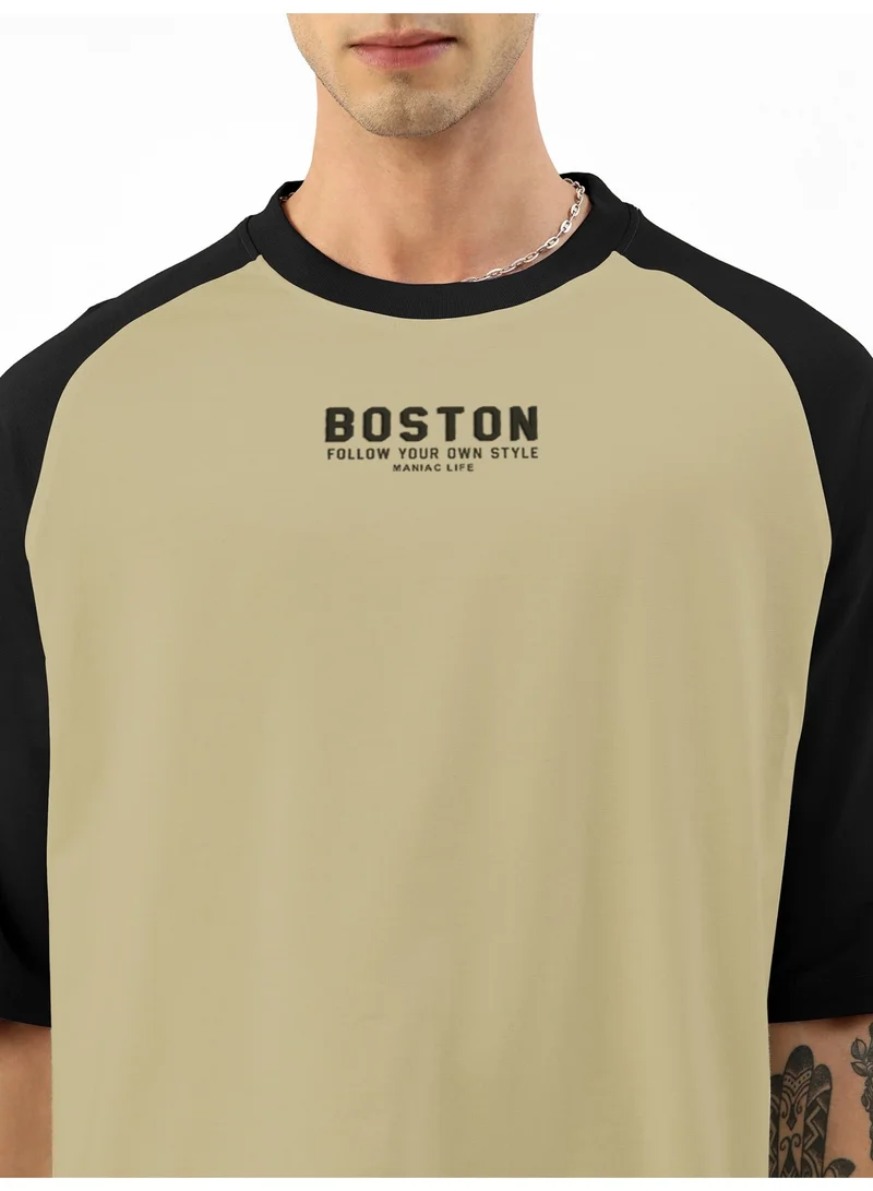 Maniac  Maniac Mens Printed Round Neck raglan Half Sleeve Pista and Black Cotton Oversized Tshirt for Men | Best Price UAE