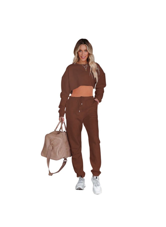 Autumn Winter New Solid Color Round Neck Pullover Crop Top Long Sleeve Hoodie Women's Fashion Casual Drawstring Long Pants Set - Image 4