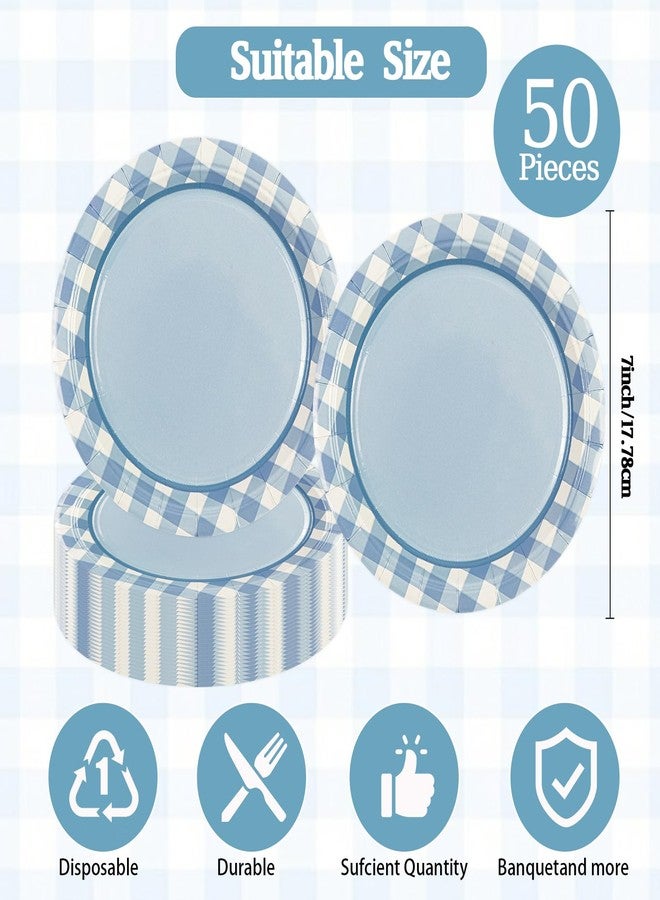 HiEnjoin 50PCS Blue Gingham Birthday Plates, 7 inch Blue Gingham Edge Cake Plates Disposable Dessert Tableware for Picnic Barbecue Baby Shower Birthday Party Decorations - Image 2