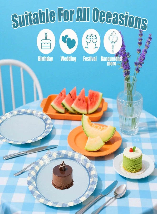 HiEnjoin 50PCS Blue Gingham Birthday Plates, 7 inch Blue Gingham Edge Cake Plates Disposable Dessert Tableware for Picnic Barbecue Baby Shower Birthday Party Decorations - Image 3