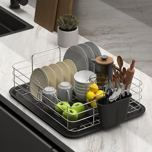 iSTAR Steel Dish Drying Rack with Drainer Basket, Drip Tray & Cutlery Holder, Durable Rust-Resistant Kitchen Dish Rack for Plates & Utensils – Countertop Organizer (Silver, Pack of 1) - Image 1