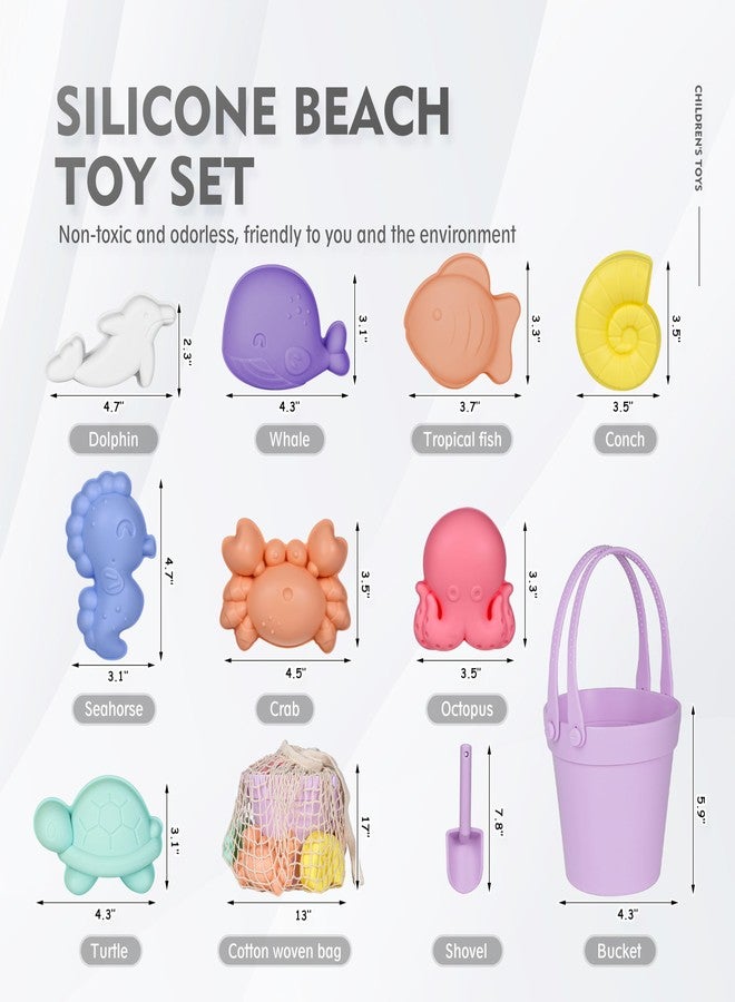 MarcZero 11Pcs Silicone Beach Toys,Modern Baby Beach Toys,Travel Friendly Beach Set,Eco Friendly Toy,Silicone Bucket, Shovel, 8 Sand Molds, Beach Bag,Silicone Sand Toys for Toddlers, Kids (Purple) - Image 2