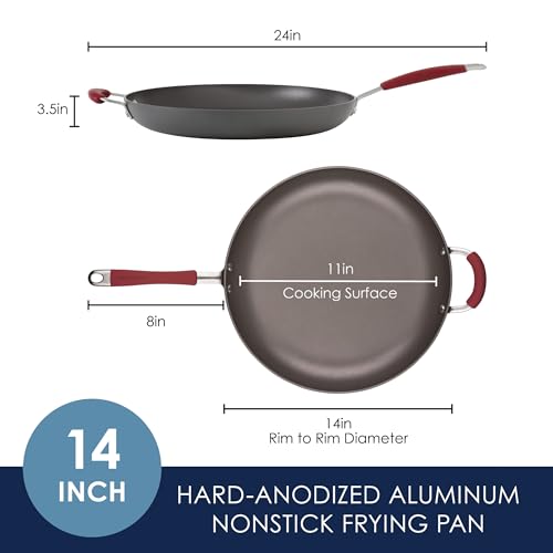 Rachael Ray 87631-T Cucina Hard Anodized Nonstick Skillet with Helper Handle, 14 Inch Frying Pan, Gray/Red - Image 2