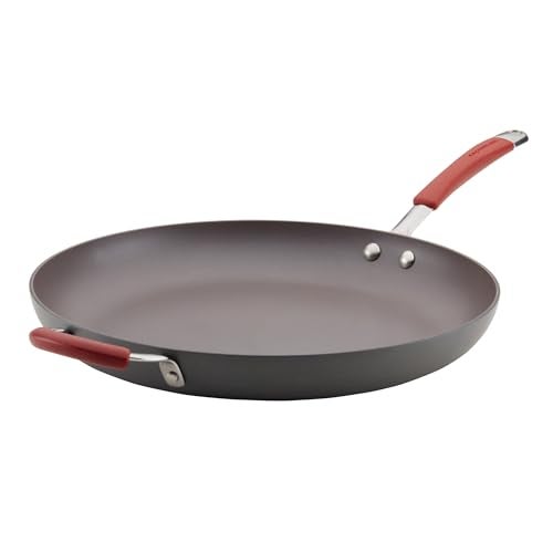 Rachael Ray 87631-T Cucina Hard Anodized Nonstick Skillet with Helper Handle, 14 Inch Frying Pan, Gray/Red - Image 1