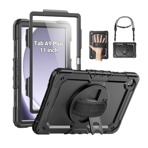 SEYMAC Case for Samsung Galaxy Tab A9+/ A9 Plus Case 11" 2023 (SM-X210/X216/X218), Heavy Duty Shockproof Protective Case with Screen Protector, Rotating Stand and Hand/Shoulder Strap, Black - Image 1