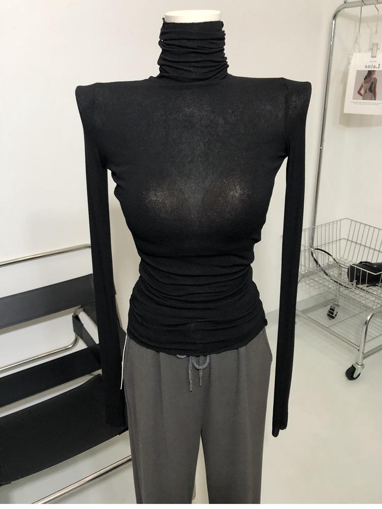 Match hao unique child ~ thin soft high collar micro-transparent long sleeve T-shirt pile collar base shirt jacket Black 