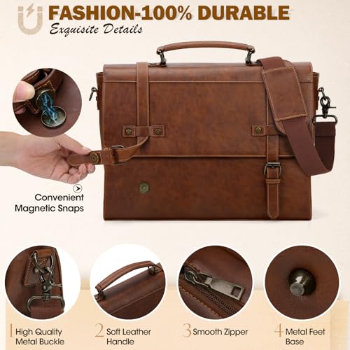 RAINSMORE Mens Messenger Bag 18 Inch Waterproof Vintage Leather Laptop Briefcase Large Laptop Bag Satchel Bag Computer Shoulder Bag for Office Business Travel College,Brown - Image 5