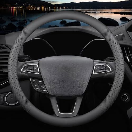 HAOTULE New Nappa Leather car Steering Wheel Cover，for Car Truck SUV 15 inch (Black) - Image 1