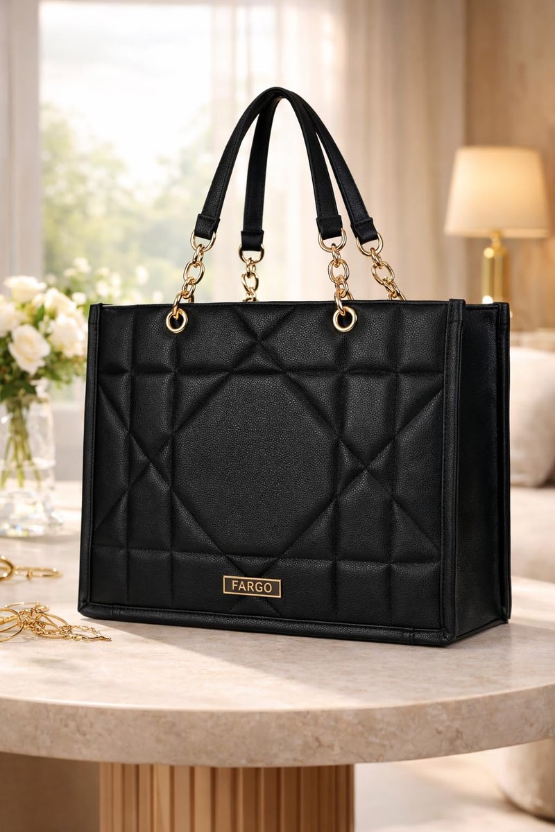 Fargo Matrix Tote Bag for Women | Vegan Leather Handbag with 15-Inch Laptop Compartment, Smooth Zip | Stylish Office, College & Daily Use Tote | Made in India (Black) - Image 2