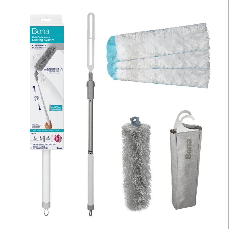 Bona High Performance Dusting System - 1 Extendable Handle, 3 Disposable Dusters, 1 Reusable Duster, & 1 Storage Bag - Extendable Dusting Kit - Image 1