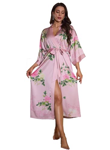 Kihnop Women's Floral Kimono Robe Long Satin Robe Long Silk Bathrobe Ladies Kimonos Dressing Gown, One Size - Image 2