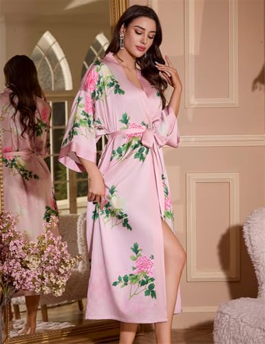 Kihnop Women's Floral Kimono Robe Long Satin Robe Long Silk Bathrobe Ladies Kimonos Dressing Gown, One Size - Image 5