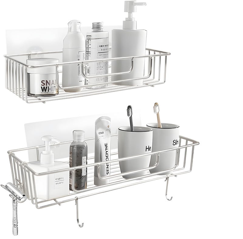 JIALTO Stainless Steel Self-Adhesive Bathroom Organiser with Towel Holder for Bathroom Accessories – No Drill, Wall Mount Bathroom Shelf for Wall (30L X 13W X 6H CM, Pack of 2) - Image 4